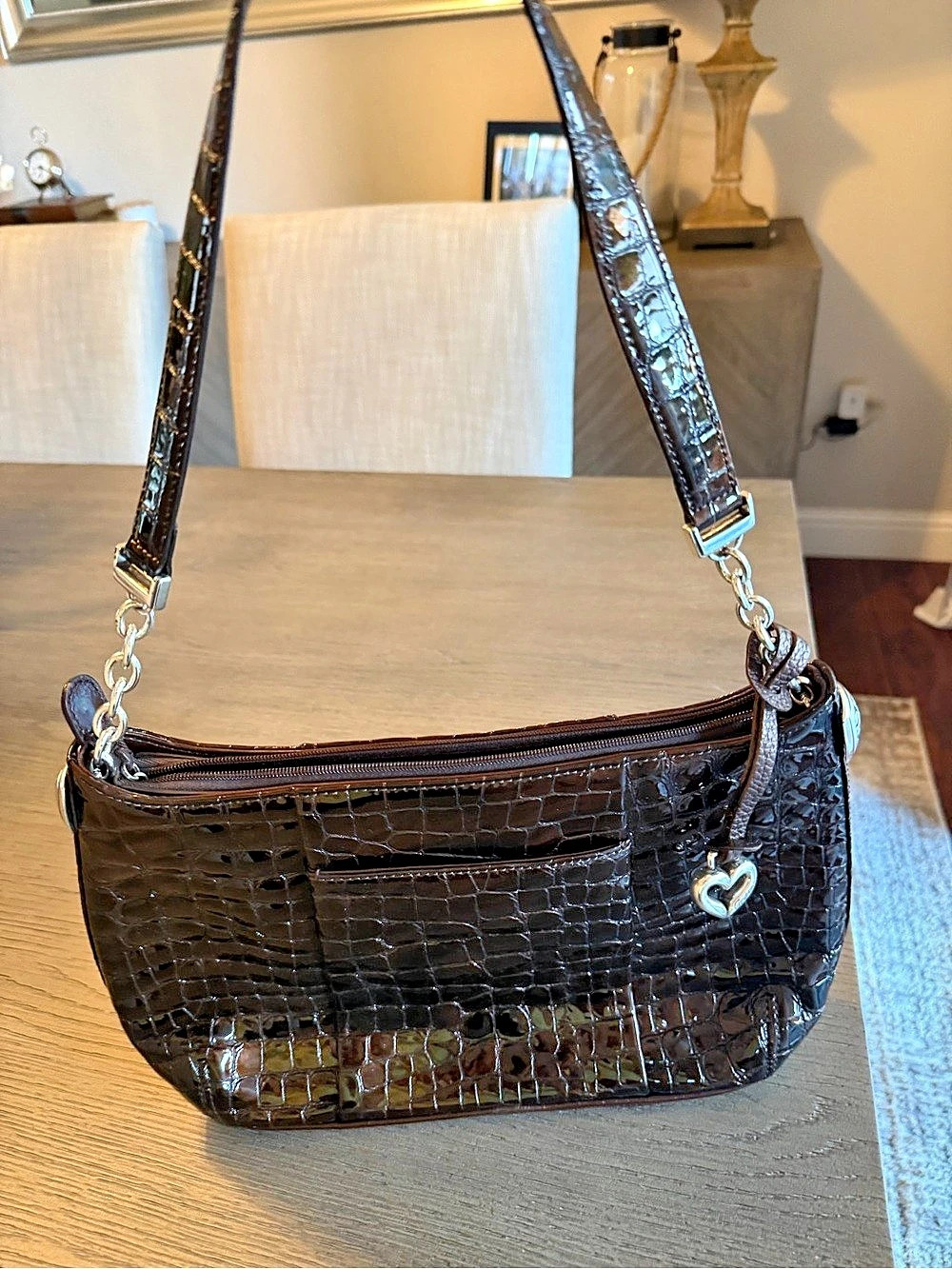 Brighton Crocodile-Embossed Shoulder Bag in Brown